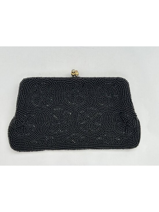 Handbags - MCM Art Deco Glam Black Beaded Floral Clutch Evening Cocktail Purse Kiss Lock